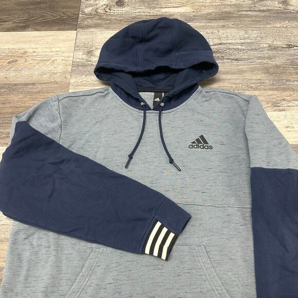 Adidas Mens Gray Two Toned Navy Blue Gray Men L 3-Stripes Logo Sweatshirt Hoodie - Picture 2 of 9